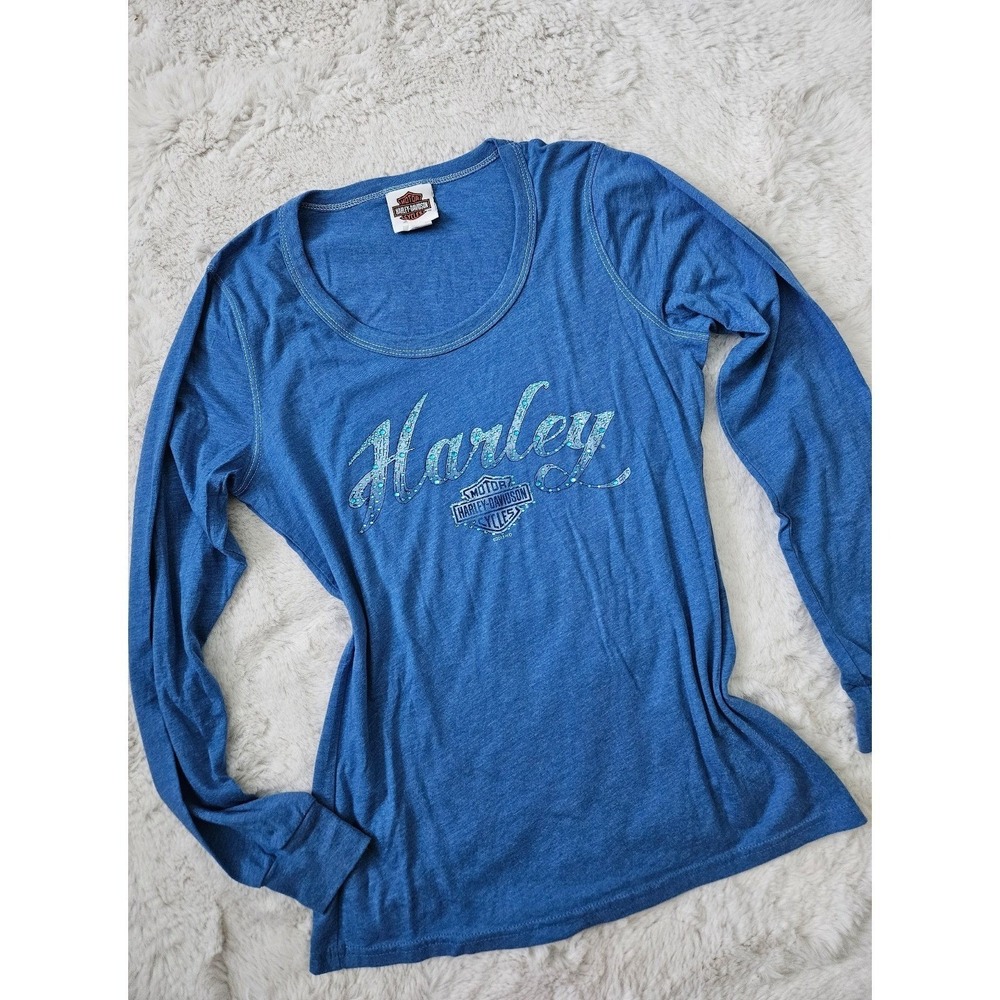 Harley-Davidson Women's M Blue Long‎ Sleeve Rhinestone Graphic Shirt North Texas